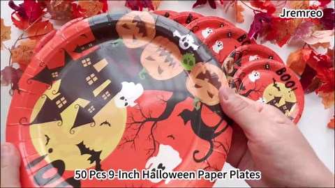 50 Pcs 9-Inch Halloween Paper Plates - Spooky Haunted House Party Supplies Set, Disposable Tableware with Ghost, Pumpkin, and Bat Designs for Candy, Snack, Dessert, Trick or Treat Decorations