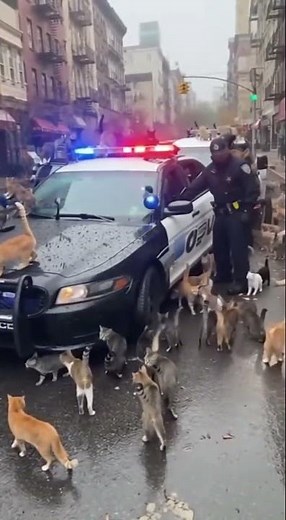The cats are climbing up and attacking the police