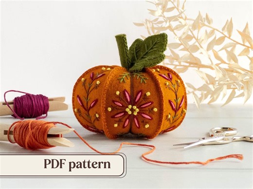 Felt Pumpkin Embroidery Pattern, ‘amber Glow’ Handmade Pumpkin Ornament, DIY Fall Décor, Luxury Floral Pin Cushion, Printable PDF Download - Etsy