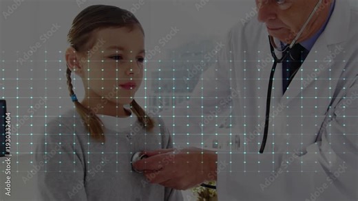 Doctor placing stethoscope on girl chest in clinic listening as ECG waveform pulsing across frame