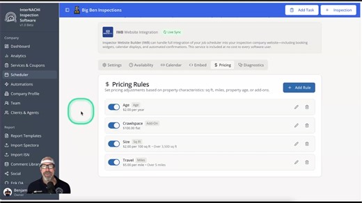 Get paid for every square foot, mile, and year. I demonstrate how to set up customizable pricing rules in the scheduler based on property characteristics. I showed that pricing adjustments could be made for factors like square footage, property age, travel distance, and special features such as crawl spaces or detached garages. I explained that these rules were fully customizable and integrated with the InterNACHI inspection software. | Big Ben Inspections