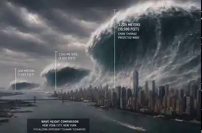 According to Chan Thomas's Adam and Eve book from 1963, which was heavily censored at that time and for which the CIA kept a classified file, the Geophysical Event will cause the ocean to spill over the land with waves over 2 miles high!“the mighty Pacific rears back and piles up into a mountain of seawater more than two miles high”Two miles is about 3.2 kilometers (10,500+ feet) high. He claims this wall of water would move across North America at around 1,000 miles per hour. Here's how a 2-mil