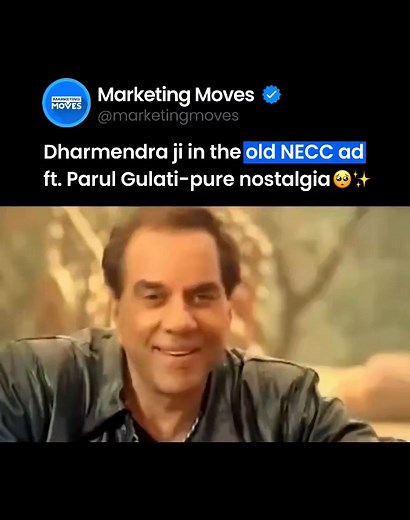 Rewatching the old NECC TVC with Parul Gulati… and Dharmendra ji still lights up the screen like no one else could. Nostalgia wrapped in emotion today. You will always live through moments like these. Om Shanti. 🕊️✨ | Marketing Moves
