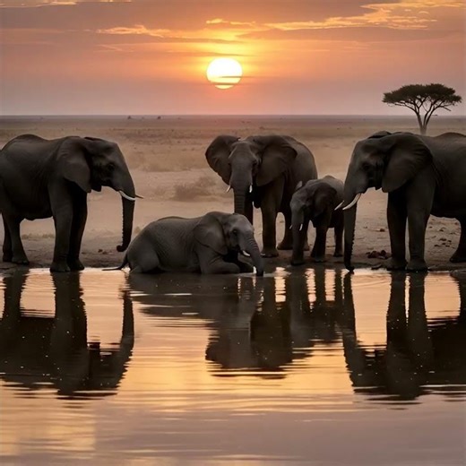 Sunset Serenity: Elephant Family at the Watering Hole 🌅🐘 #relax