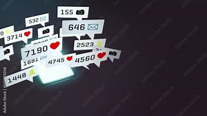 Glowing smartphone on table with social media symbols and view counters as background animation. Speech Bubbles of Photos, Contacts, Likes, Follower