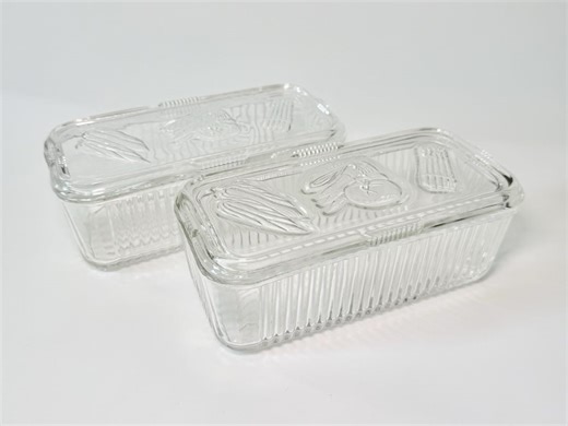 Vintage Federal Glass Clear Rectangle Ribbed Refrigerator Dishes With Lids- Set of 2- Embossed Vegetable Design- Large Retro Kitchen Storage - Etsy