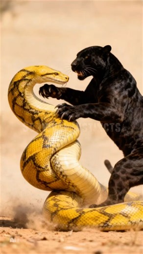 The black leopard 🐆 suddenly attacks the yellow python 🐍 #animals #leopard #python