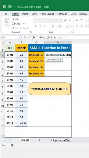 Excel SMALL Function #excel #excelbasic #exceltips