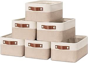HNZIGE Small Fabric Baskets for Organizing(6 pack) Collapsible Storage Baskets for Shelves, Closets, Laundry, Nursery, Decorative Baskets for Gifts Empty (White&Beige, 11.8" x 7.8" x 5.1")