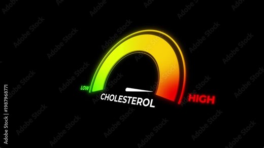 Animated gauge showing cholesterol level rising to high then falling to normal. Ideal for cardiovascular health, lipid panel, and heart disease prevention content.