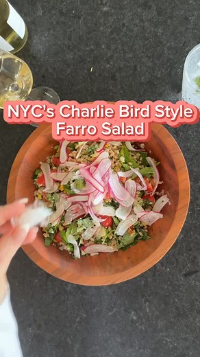 NYC's Charlie Bird Style Farro Salad with a lemon & EVOO dressing, fresh mint, basil, tomatoes, Parmesan and radishes #farrosalad #saladrecipe #simplydelicious | The Salad Lab