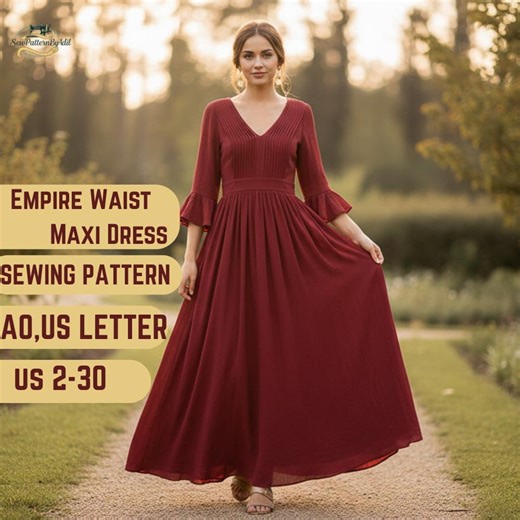 Empire Waist Maxi Dress Sewing Pattern | Bell Sleeve Gown Digital PDF |A0 & A4 Instant Download | Formal Occasion Dress | DIY Valentine Gift - Etsy Australia