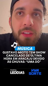 Gustavo Mioto, de 28 anos, tinha um show marcado em Aracaju na última sexta-feira (13/6), no evento “Arraiá do Povo”, mas a apresentação precisou ser adiada. O cancelamento foi uma medida preventiva tomada pela Defesa Civil, devido às fortes chuvas e aos ventos intensos que atingiram a cidade. Pelos stories do Instagram, o cantor sertanejo explicou a situação aos fãs. SAIBA MAIS CLICANDO NO LINK DA BIO! 📲 Leia a matéria completa no portalleodias.com | Leo Dias