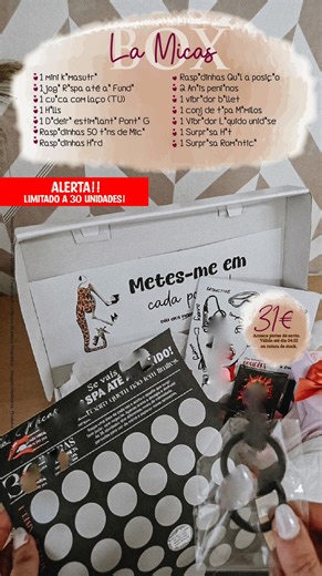 Cristiana Freitas Sousa EXPERTISE EM CASAMENTO on Instagram: "Box La Micas 😈🔥 apenas 31€ 🔞 COMPRA JÁ E GARANTE A TUA 🔥 Uma box pensada para sair da rotina e entrar no jogo. Raspadinhas atrevidas, com brinquedos que vão tornar este jogo um começo de algo tão diferente e desafios a dois. Cada detalhe convida à descoberta, à provocação e à conexão. Para quem quer mais do que um simples presente 1 mini k*masutr* 1 jog* R*spa até a* Fund* 1 cu*ca com laço (TU) 1 H*lls 1 D*deir* estim*lant* Pont* 
