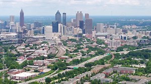 Establishing drone shot of Downtown Atlanta skyline and skyscrapers, street view, neighbourhood with urban parks and trees Stock Video