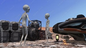 Aliens are repairing a space shuttle or spaceship on a planet similar to Mars. The astronaut, the owner of the ship, sits and nervously awaits the completion of repairs. Sci-fi scene from the future.