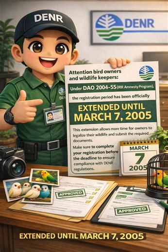 👇📢 DENR AMNESTY: Ito Lang ang Legal na Paraan Para sa “Existing Birds” na Walang Papel ✅ Ano ang DENR Amnesty? Ang Wildlife Amnesty ay special program ng DENR kung saan binibigyan ng pagkakataon ang mga may hawak ng wildlife na walang papeles na ma-declare at ma-rehistro ang kanilang alaga nang walang penalty (kung pasado sa evaluation). ⚠️ Hindi ito palaging bukas. May specific period lang kapag inanunsyo ng DENR. 🎯 Bakit ito ang solusyon? Kung may existing birds ka na: Bigay lang Napanaluna