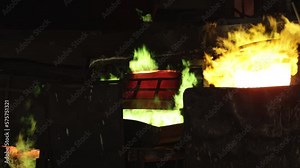 evaporation gases, Copper smelting, Melting furnace. Metallurgical plant, copper is melted by evaporation of gases, bright flames and intense heat create an atmosphere of intense heat. Copper produced