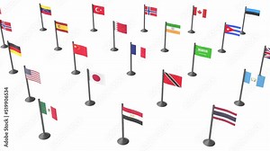 flags of the world 3d representation. flagpoles that can be used to represent International cooperation, diplomacy in government, global sports event or peace arround the world Stock Video