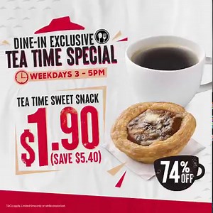 17 reactions | Chill at the Hut over a fresh brew coffee and a sweet treat with our Tea Time Sweet Snack specials! ☕️ Start your teatime routine at ONLY $1.90 (UP: $7.30)! Available from Monday - Friday between 3 - 5 pm.   Hurry down to your nearest Hut today! T&Cs apply. | Pizza Hut | Facebook