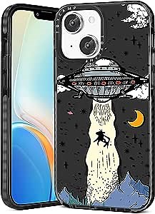 Toycamp for iPhone 14 Case with Ring Holder, Black UFO Alien Designed Cool Fun Shockproof Protective Designer Phone Cases for iPhone 14 for Women Girls Boys Teens