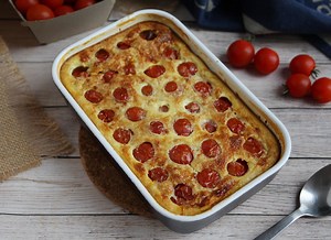 Savory clafoutis recipe with cherry tomatoes and tuna