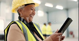 Engineering woman, laugh and tablet at construction site, building planning or industrial renovation with funny meme. Excited or happy manager on digital technology or design software of architecture