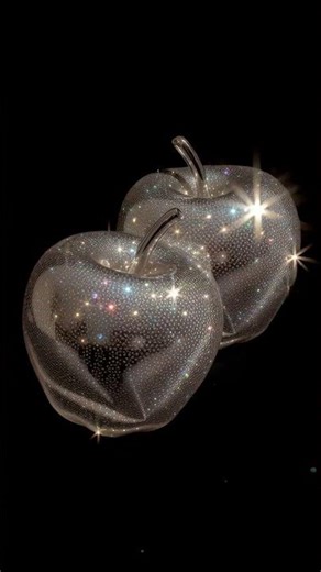 A two luxury crystal glass apples lies chaotically against a backdrop of black satin ribbons. Stu...