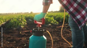 Farmer pumping up a chemical pesticide garden sprayer to pressurize it for spraying. Shallow depth of field against the background of the beds at sunset