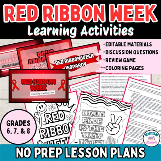 Red Ribbon Week 2025 Lesson Plans | Slides, Passages, and Game for Grades 6–8