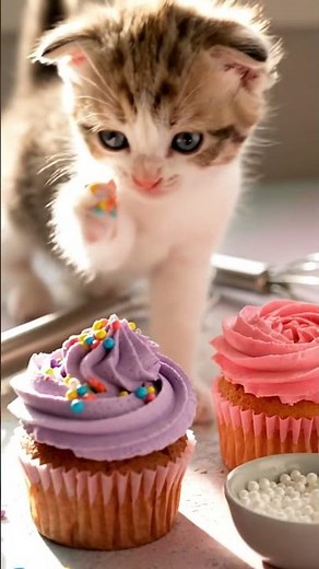 Adorable Cats Decorating Colorful Cupcakes | Mother Cat & Kitten Baking Together 🧁
