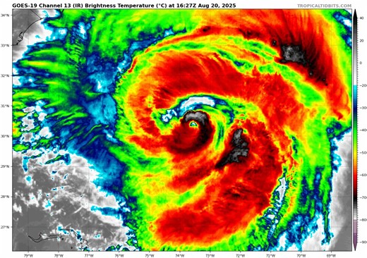Hurricane Erin has become a massive hurricane… Hurricane hunters have observed 100 MPH flight-level winds up to 100 miles from the center of the hurricane, which is absurd! | Meteorologist Max Velocity