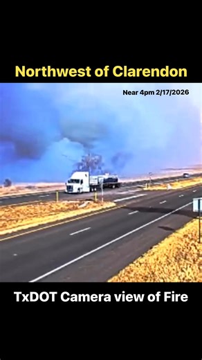 #Breaking 4 PM — A TxDOT camera reveals the large fire northwest of Clarendon TX very close to US-287. Some smoke blows across the highway as vehicles pass by. | Texas Storm Chasers
