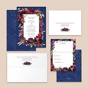 PIXELIA'S CREATIONS Burgundy and navy blue wedding invitations with rsvp cards and envelopes. Personalized. watercolor Floral themed for garden wedding.