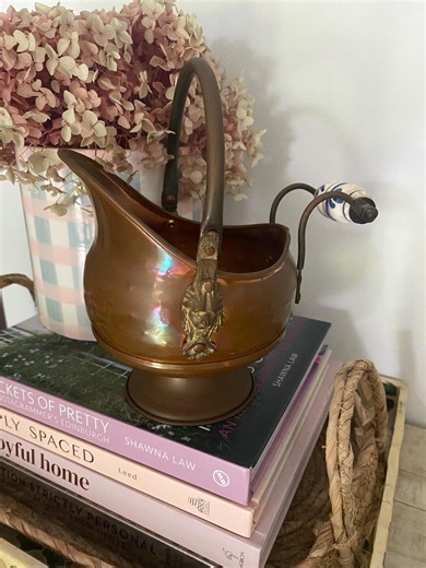 Antique Victorian Copper Coal Scuttle Cottagecore Decor Grandmillenial Ceramic Delft Handle - Etsy
