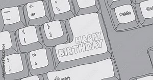 Computer Keyboard with Happy Birthday text. Close-up of an electronic Computer Device part, keypad. Dancing thin lines.