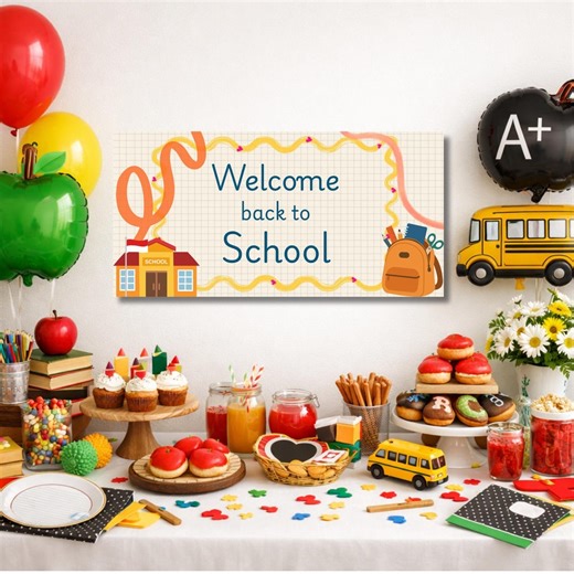 Welcome Back School Banner Printable Classroom Decor First Day Sign Teacher Party Backdrop Kids