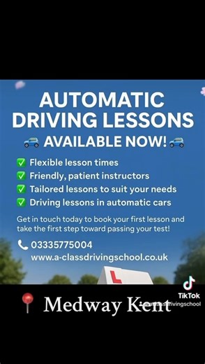 Exciting news! 🎉 We’re now have automatic driving lessons in the Medway area available with a fully qualified and friendly automatic driving instructor. Whether you’re a complete beginner or switching from manual, our lessons are tailored to help you feel confident, calm, and test-ready in no time! 😃 📞 Contact us today on 0333 577 5004 to book your first lesson or find out more. Spaces are filling up fast — don’t miss your chance to learn the easy way with an expert by your side! 🚘 #DrivingL
