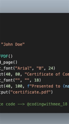 Coding WithMee on Instagram: "Aaj maine Python ka use karke ek PDF Certificate Generator banaya 🔥 Is project me hum FPDF library ka use karke certificate ka text, font size aur layout define kar sakte hain. ✔️ Dynamic name insertion ✔️ Automatic PDF generation ✔️ Beginners ke liye perfect mini project Agar aap Python seekh rahe ho, ya projects banana start karna chahte ho, to yeh project aapke liye must-try hai 💯 Save karo, try karo aur share karo 🐍💙 #python #pythonprogramming #pythonproject