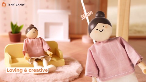 Tiny Land Wooden Dollhouse People Set, 5-Piece Poseable Wooden Doll Family with Dad, Mom, Brother, Sister, Baby and Stroller, Dollhouse Accessories Toy Pretend Play Gift for Kids Ages 3+