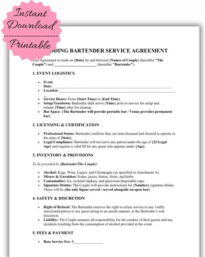 Wedding Bartender Service Agreement | Mobile Bar Contract Template (digital Download) - Etsy