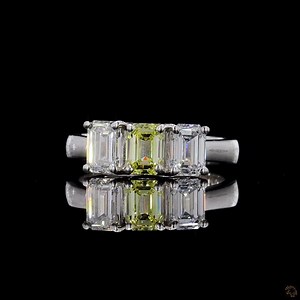 14K Gold Three Stone Ring: Emerald Cut Yellow & White Lab Grown Diamonds - Etsy