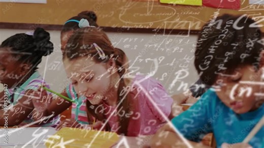 Students writing math problems in classroom, camera panning revealing math overlay sweeping desks