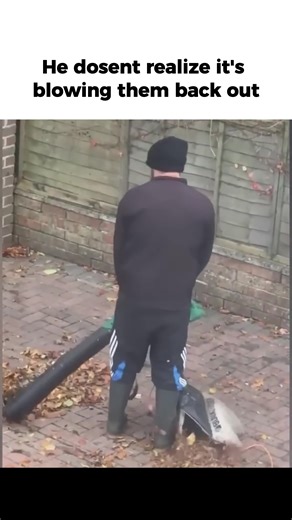 He’s using a leaf blower to clean up leaves, but it’s blowing them back out of the trash bag. He keeps working without realizing he’s making zero progress, busy doesn’t mean productive. #funny #fyp #wealthymindset