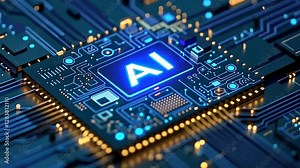 Aerial view of a glowing AI chip on a circuit board, showcasing futuristic technology. The video concept highlights innovation and digital advancement.