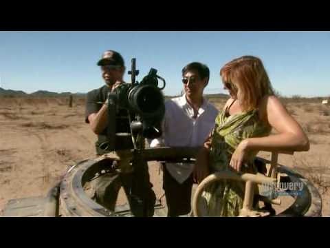 Mythbusters - Kari Byron - Chopping down a tree with a machine gun