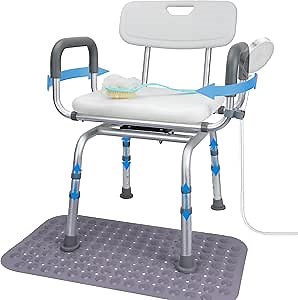 LUNYEE 360° Swivel Shower Chair for Elderly and Disabled Support 400lbs Non-Slip Sliding Shower Chair for Inside Shower with Bath Rug & Back Scrubber Bath Chairs for Seniors Tub with Arms and Back