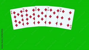 A poker hand consisting of Straight Flush Diamonds, with cards thrown on green screen 3D animation, animated poker cards, dealing poker cards animation. winning poker hand combinations