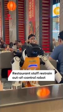 Restaurant staff restrain out-of-control dancing robot at Chinese restaurant in California