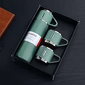 500Ml Hot And Cold Double Wall Stainless Steel Insulated Sport Vacuum Flask Tea Gift Box Set With Two Cups (Green)